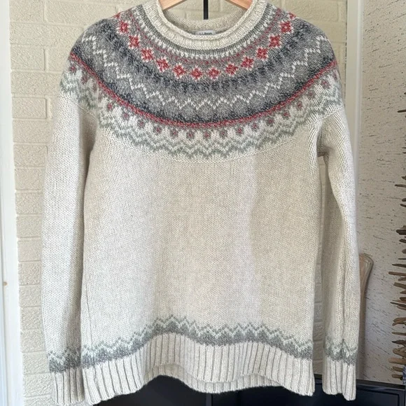 LL Bean Classic Heritage Fair Isle Cream Gray 100% Lambs Wool Women’s Sweater M - Picture 3 of 17